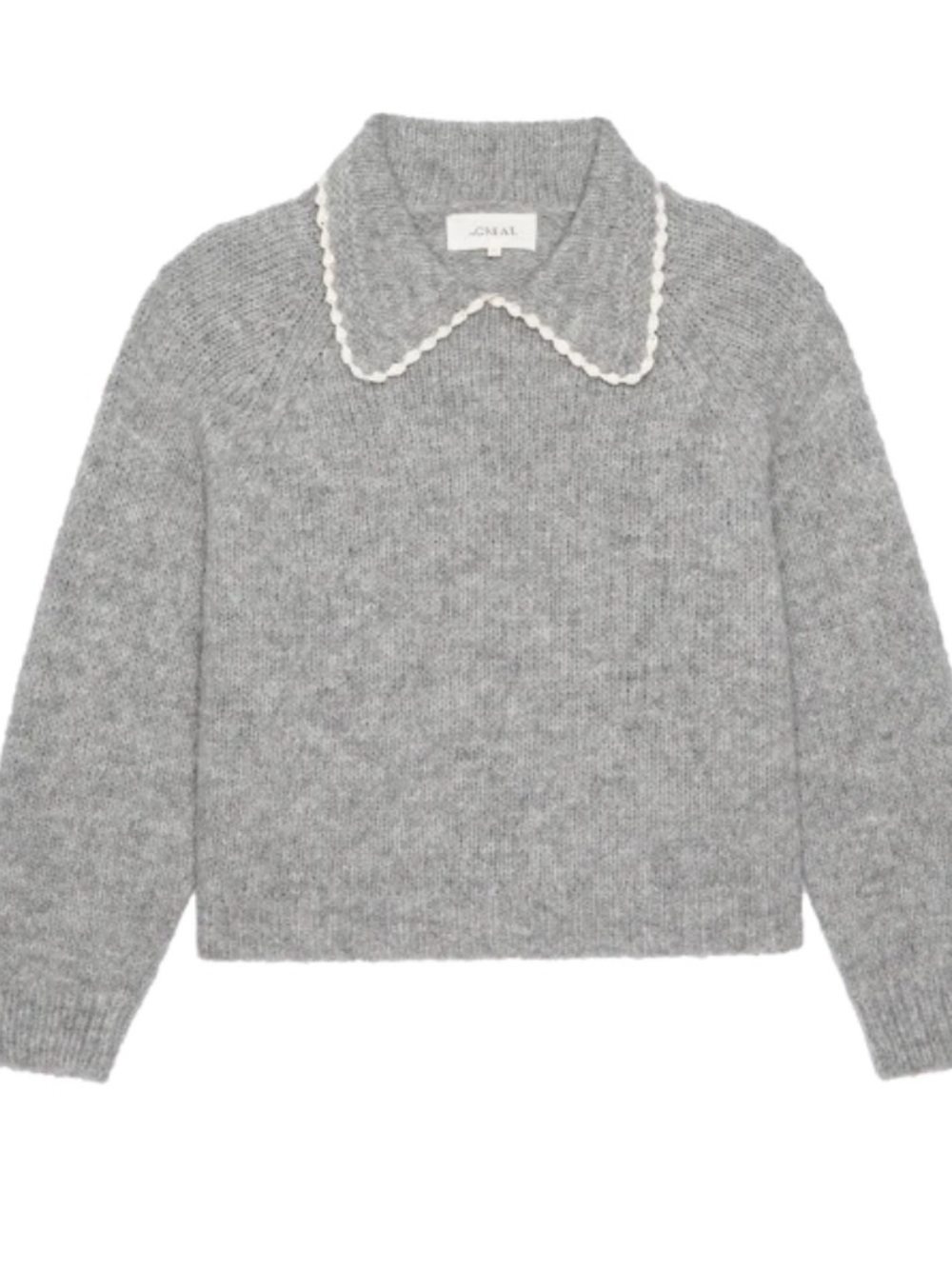 THE GREAT. Heather Grey Crochet Collar Pullover Sweater size 1, superfine Alpaca - Picture 5 of 10